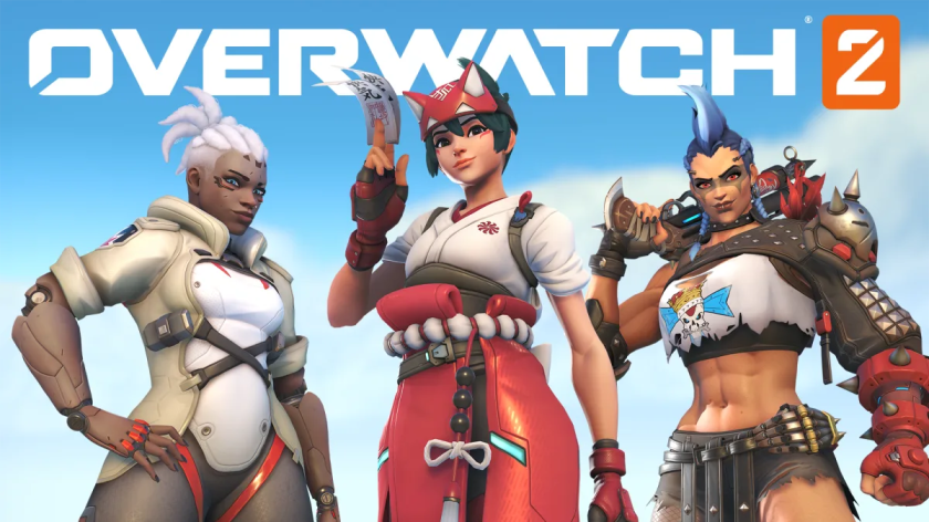 Overwatch characters in a line looking at camera, with OW2 logo behind